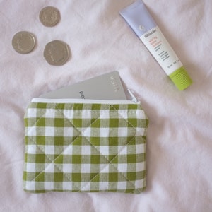 Portafoglio portamonete trapuntato in vichy verde oliva con fodera avorio / porta carte estetico / fatto a mano nel Regno Unito