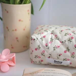 Quilted makeup bag in ivory rose buds floral with pink gingham check lining | Aesthetic Toiletry travel cosmetic bags | Handmade in the UK