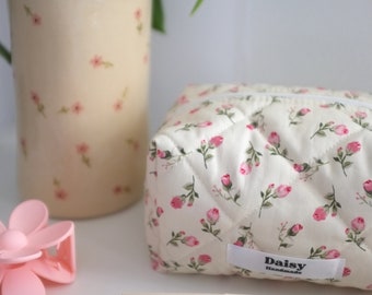 Quilted makeup bag in ivory rose buds floral with pink gingham check lining | Aesthetic Toiletry travel cosmetic bags | Handmade in the UK