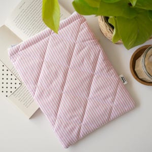 Quilted book sleeve with zip in pink stripe print with cream lining | Aesthetic book cover | Hardback and Paperback | Handmade in the UK