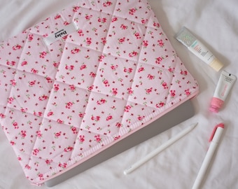 Quilted laptop iPad tablet sleeve in pink rose and bow print with pink gingham check lining | Aesthetic laptop case | Handmade in the UK