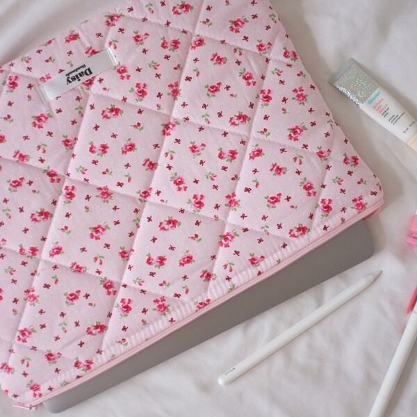 Quilted laptop iPad tablet sleeve in pink rose and bow print with pink gingham check lining | Aesthetic laptop case | Handmade in the UK