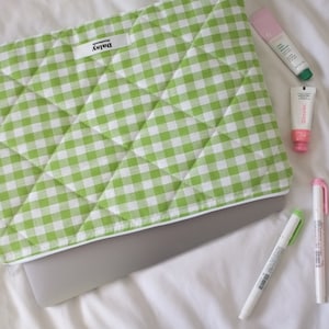 Quilted laptop iPad tablet sleeve in lime green gingham check with pink gingham lining | Aesthetic laptop case | Handmade in the UK