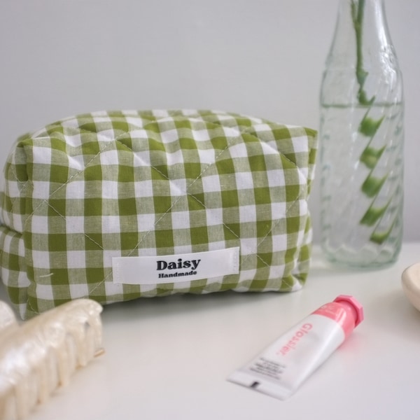 Quilted makeup bag in olive green gingham with ivory lining | Aesthetic Toiletry travel cosmetic bags | Handmade in the UK