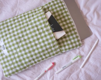 Quilted laptop iPad tablet sleeve with pocket in olive green gingham print with ivory lining | Aesthetic laptop case | Handmade in the UK