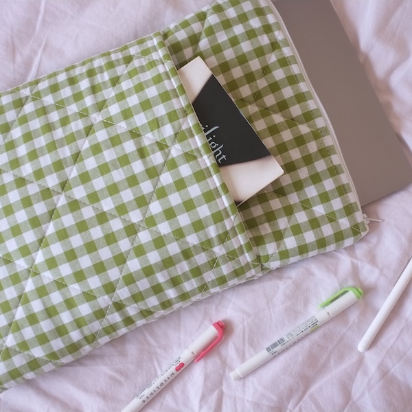 Quilted laptop iPad tablet sleeve with pocket in olive green gingham print with ivory lining | Aesthetic laptop case | Handmade in the UK