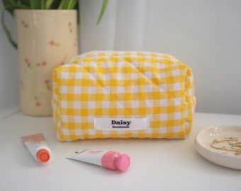 Quilted makeup bag in yellow gingham with pink gingham check lining | Aesthetic Toiletry travel cosmetic bags | Handmade in the UK