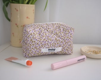 Quilted makeup bag in purple rose floral with purple gingham check lining | Aesthetic Toiletry travel cosmetic bags | Handmade in the UK