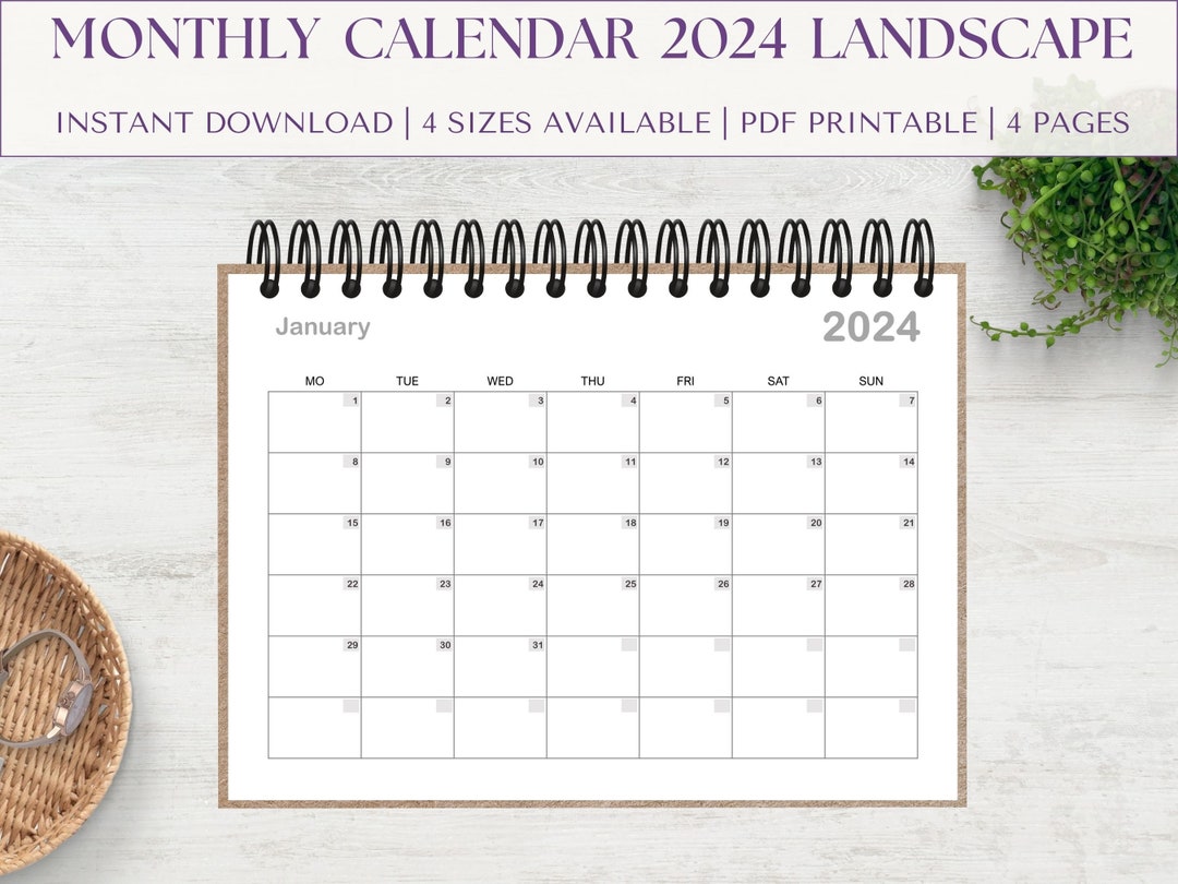 Monthly Calendar 2024 Landscape Monthly Work Planner Planner Etsy