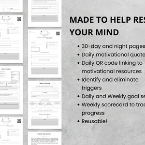 May include: A printable planner with a black and white design featuring a planet graphic. The planner is designed to help reset your mind with daily and weekly goal setting, motivational quotes, and QR codes linking to resources. The text "MADE TO HELP RESET YOUR MIND" is at the top of the page.