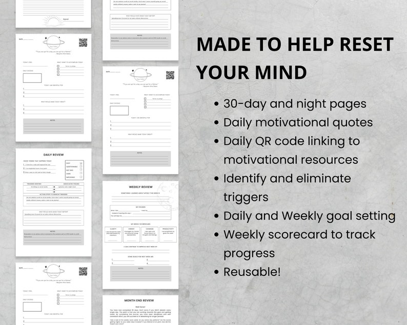 May include: A printable planner with a black and white design featuring a planet graphic. The planner is designed to help reset your mind with daily and weekly goal setting, motivational quotes, and QR codes linking to resources. The text "MADE TO HELP RESET YOUR MIND" is at the top of the page.