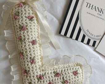 Crochet Name Garland, cream & pink flowers Frill Chiffon Edge, Off White Nursery Decor