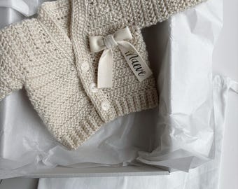 Crochet Personalized baby bow cardigan - cream handmade baby announcement