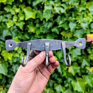 Puede incluir: Llavero de metal forjado a mano con tres ganchos. El llavero es de color gris oscuro y tiene una superficie texturizada. Los ganchos son curvos y están sujetos a una barra horizontal con remaches. El fondo es una planta verde y frondosa.