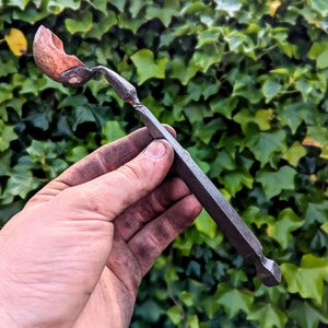 Op de afbeelding: Handgesmede metalen lepel met een koperen kom en een donkere, getextureerde steel. De lepel wordt tegen een achtergrond van groen gebladerte gehouden, wat het rustieke vakmanschap en het unieke ontwerp laat zien. Een handgemaakt keukengerei.