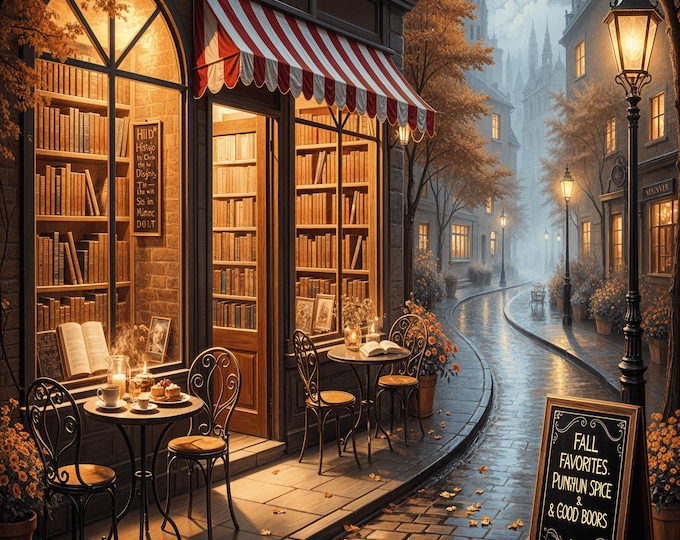 Book Café Wall Art Print – Cozy Library Coffee Shop Painting, Book Lover Gift, Literary Home Decor