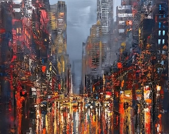 Modern Cityscape Wall Art – Abstract Skyline Print – Large Vertical Canvas for Living Room Decor