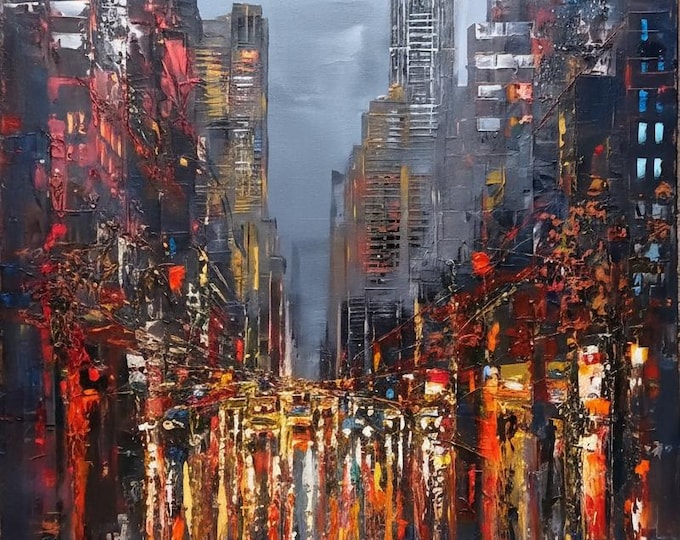 Modern Cityscape Wall Art – Abstract Skyline Print – Large Vertical Canvas for Living Room Decor