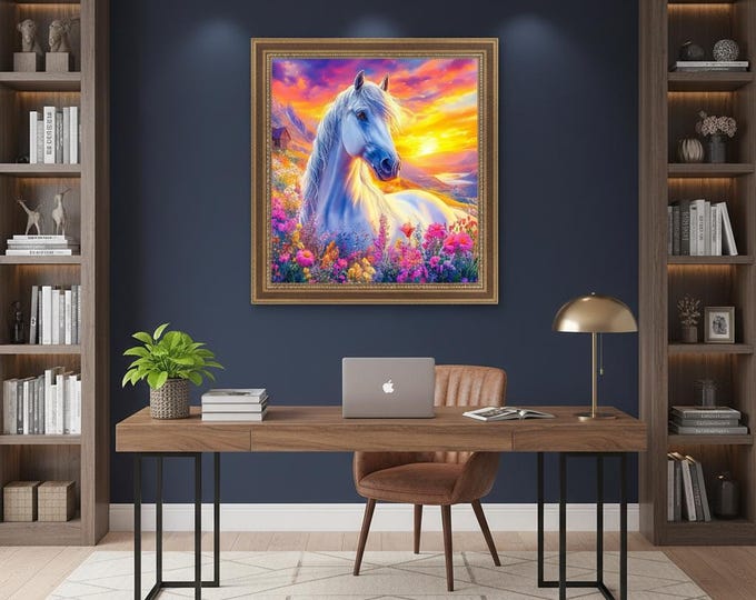 Majestic Colorful Horse Wall Art – Abstract Sunset Painting, Digital Download, Vibrant Equestrian Home Decor