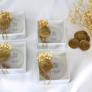 Personalized Wedding Favor: Gold Epoxy Magnet Gift with Box