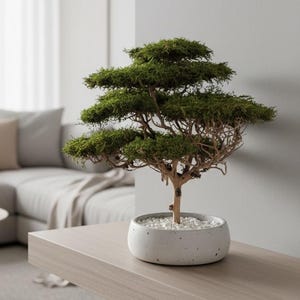 Árbol bonsái artificial, musgo y raíces reales, decoración para el hogar hecha a mano, decoración en tonos tierra, decoración para estantes de sala de estar, decoración para mesa consola de entrada.