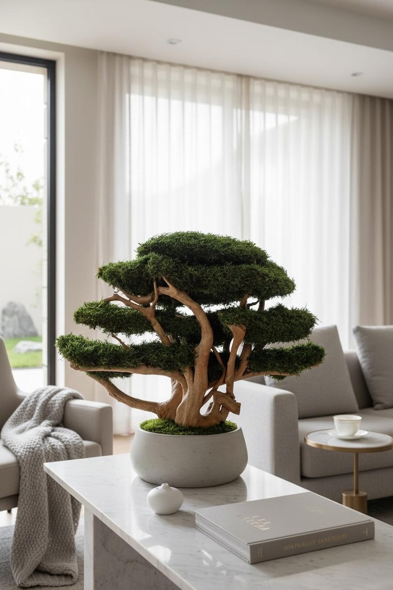 Very large preserved moss bonsai tree made from natural long moss in a medium green shade, arranged on natural driftwood in a handmade gray concrete pot filled with preserved mood moss.