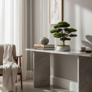 Natural-looking preserved flat moss bonsai, mounted on real roots and displayed in a handcrafted white concrete pot with a moss-covered base.