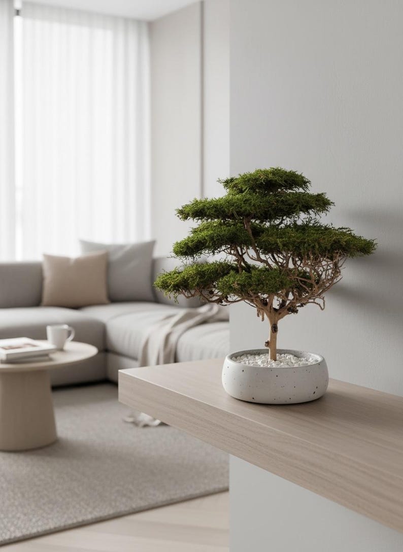 Handmade bonsai tree made from preserved flat moss in a natural green shade, displayed in a 15 cm round grey bowl with beautifully visible decorative branches.
