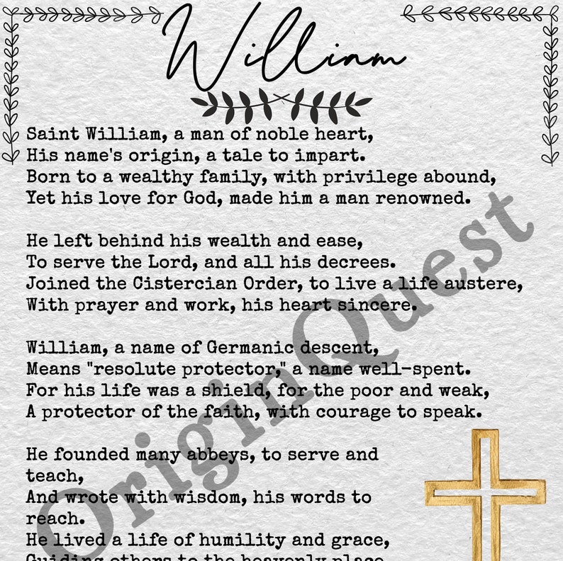 Printable William Poem, Name Poem, Digital Poem, Saint William