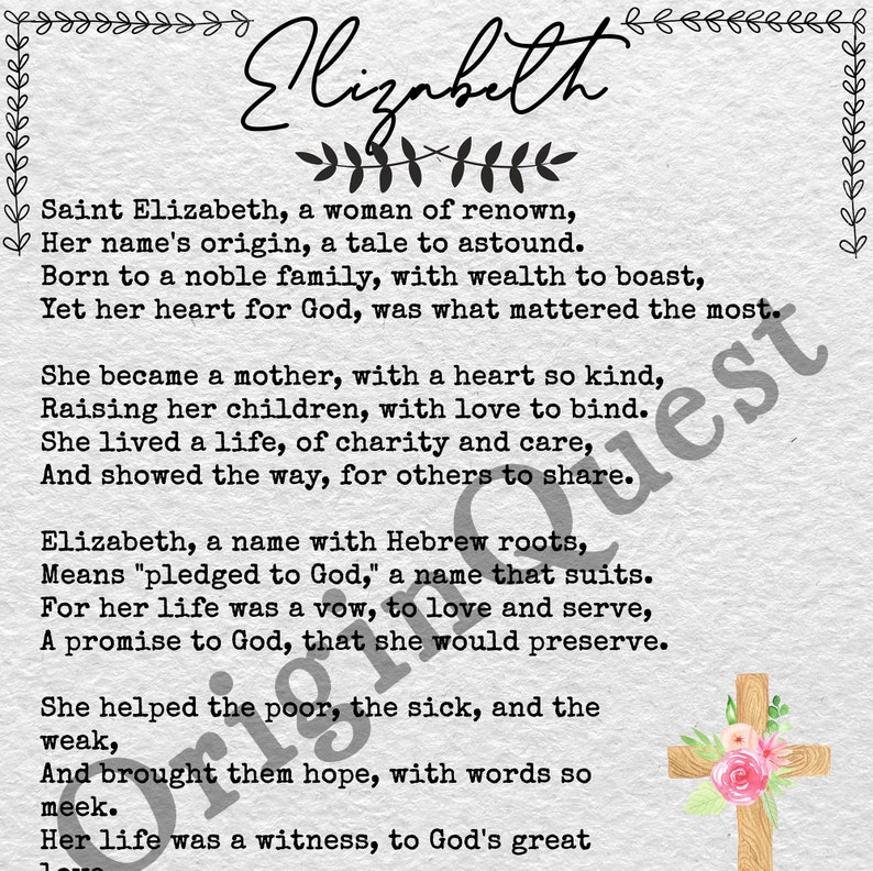 Printable Elizabeth Poem, Name Poem, Digital Poem, Saint Elizabeth