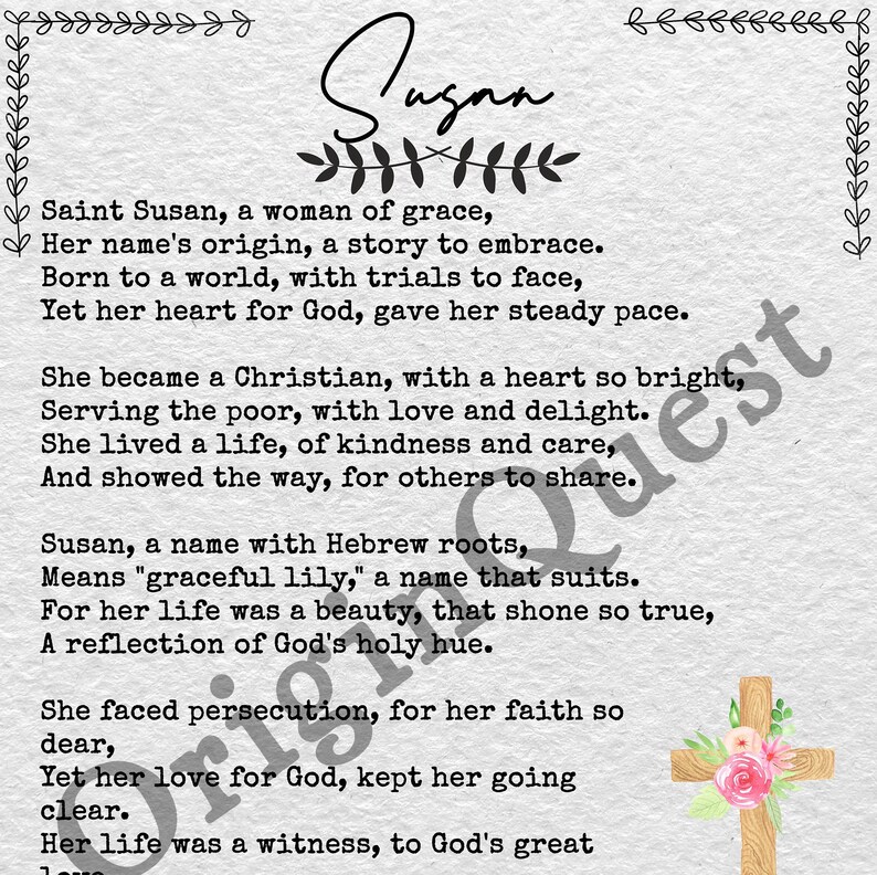 Printable Susan Poem, Name Poem, Digital Poem, Saint Susan Downloadable