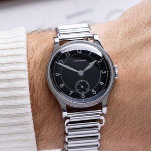 Longines Calatrava vintage, cassa in acciaio con gradini, quadrante nero lucido Sector, rif. 4179 del 1940, Swiss Made, raro orologio antico, regalo per lui