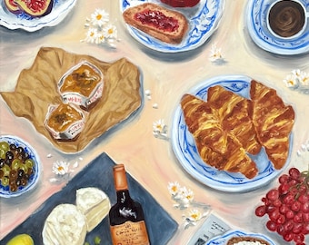 May include: A painted still life depicting a breakfast or brunch scene. The image includes figs, croissants, bread with jam, cheese, olives, grapes, and a bottle of wine. The items are arranged on plates and a dark blue surface, with a light background.