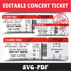 Bearbeitbares Konzertticket, Konzertticketvorlage, Überraschungsticket Stub, Geburtstagsgeschenk, druckbare Stub, benutzerdefiniertes Ereignisticket, Geschenk für sie