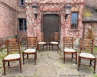 Set 6 Vintage Oak Ladder back Rustic Farmhouse Dining Chairs w/ Elbow Chairs