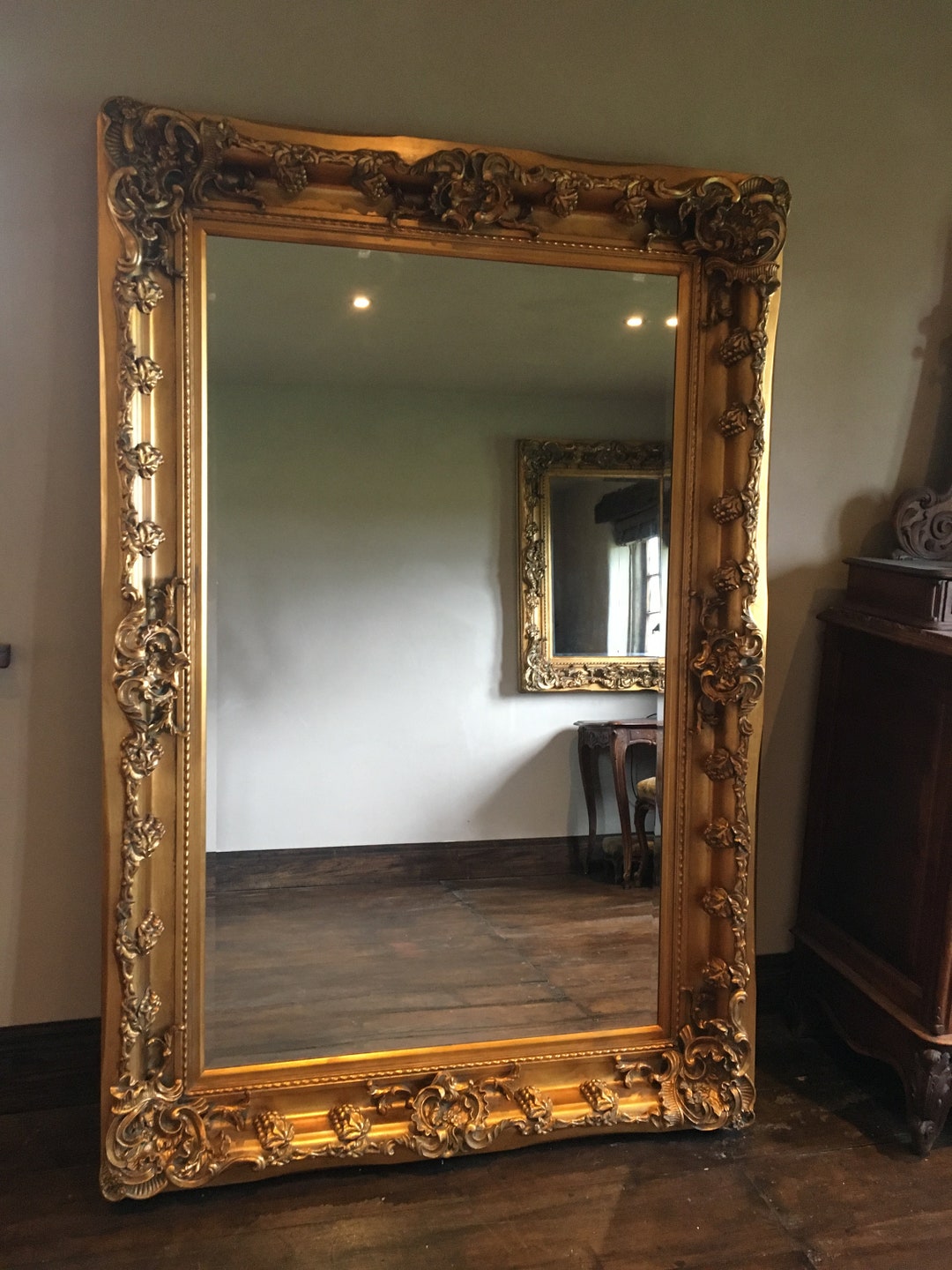 Heavy Chunky Wood Antique Gold Large Statement Swept French Dress Leaner Floor Wall Beveled Mirror 7ft X 4ft Etsy