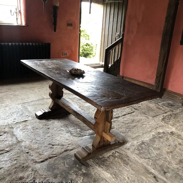 Vintage Oak Rustic Georgian Refectory Trestle Farmhouse Kitchen Trestle Dining Table