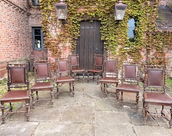 Set 8 Antique French Rustic Oak Renaissance Revival Henri II Style Dining Chairs 1880 Circa
