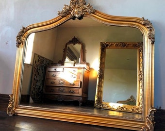 Large Arch Scroll Ornate Statement French Wood Overmantle Fireplace Gilt Swept Large Antique Gold Wall Leaner Mirror 5ft