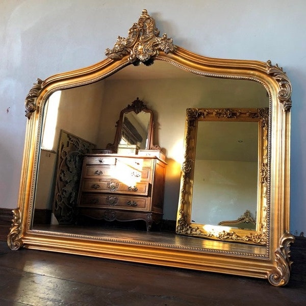 Large Arch Scroll Ornate Statement French Wood Overmantle Fireplace Gilt Swept Large Antique Gold Wall Leaner Mirror 5ft