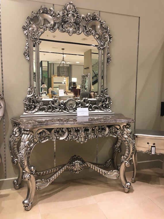 Luxurious High Quality Ornate Solid Mahogany Beautifully Hand Painted Antique Silver Leaf Mirror Thick Emperador Marble Console Table Etsy
