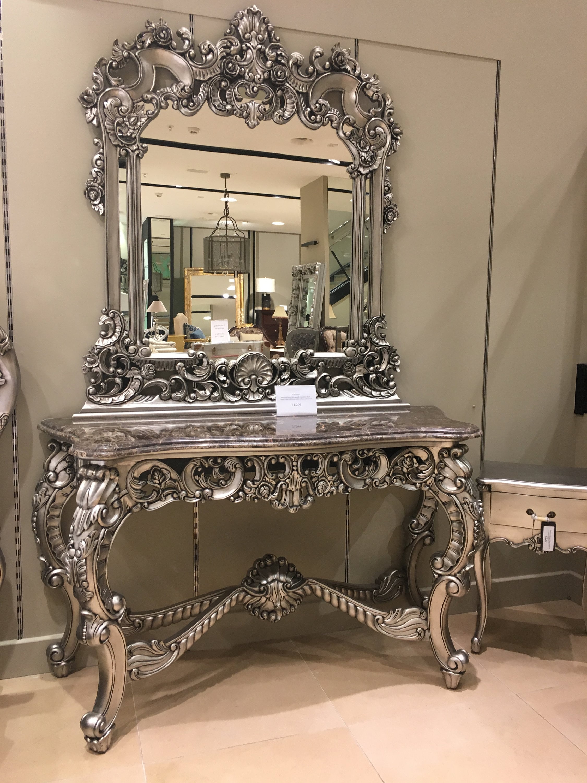 Luxurious High Quality Ornate Solid Mahogany Beautifully Hand Painted Antique Silver Leaf Mirror Thick Emperador Marble Console Table Etsy