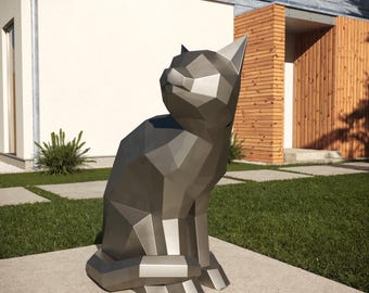 DXF template for Cat metal sculpture, polygonal cat metal model, diy metal sculpture blueprints, 3D cat figure template, lowpoly metal dxf