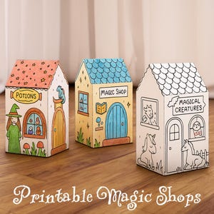 Casas de papel, tiendas mágicas imprimibles, plantillas de casas de papel, recortes de papel, libro para colorear, manualidades para niños, modelos de papel 3D