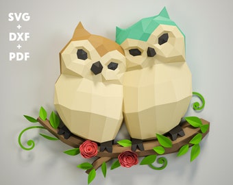 Papercraft Owls SVG + DXF + PDF template, paper craft owls on a branch, low poly template for cricut, 3D birds sculpture, diy paper model
