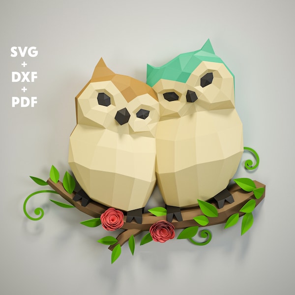 Papiermodell Eulen SVG + DXF + PDF Vorlage, Papiermodell Eulen auf Ast, Low-Poly-Cricut, 3D Vögel Skulptur, DIY Papiermodell
