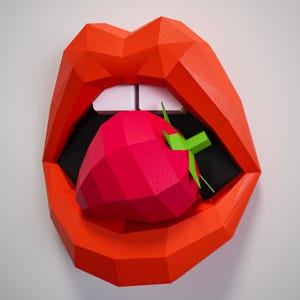 May include: A vibrant, geometric art piece featuring a pair of open, bright orange lips with white teeth. A large, faceted, red strawberry with green leaves is positioned inside the mouth, creating a playful and eye-catching composition.