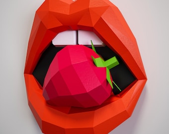Papercraft Lips with Strawberry template, Paper craft mouth 3D model, Printable diy Lips pattern, PDF + SVG + DXF template cricut plotter