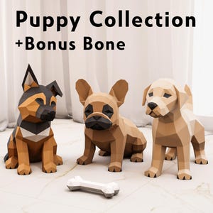 Papercraft Puppy collection, paper craft dogs Labrador Shepherd Bulldog, cute 3D paper model dog, low poly DIY template SVG DXF, pdf kit