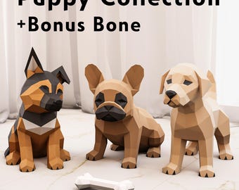 Papercraft Puppy collection, paper craft dogs Labrador Shepherd Bulldog, cute 3D paper model dog, low poly DIY template SVG DXF, pdf kit